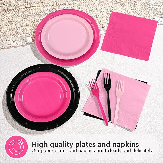 96Pcs Hot Pink and Black Birthday Decorations Pink and Black Party Plates and Napkins Disposable Pink Paper Plates for Baby Shower Girls Women Birthday Bridal Shower Spring Summer Party Supplies