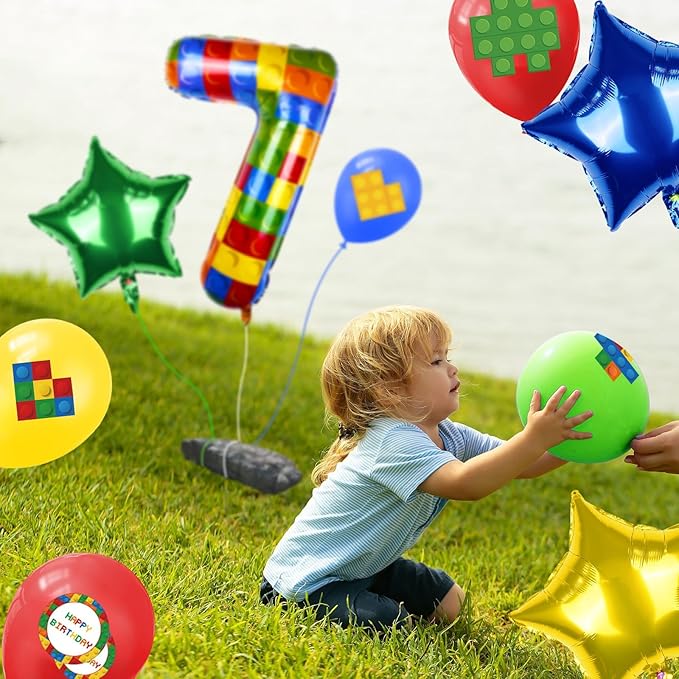 40 Inch Building Block Number Balloon, Colorful Number Block Foil Balloons Large Big Numbers Helium Balloon for Girls Boys 7th Birthday Brick Theme Party Decorations (Number 7)