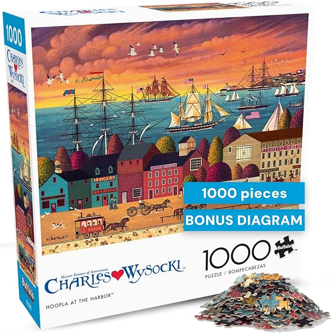 Buffalo Games – Charles Wysocki Hoopla at The Harbor 1000 Piece Jigsaw Puzzle for Adults, Classic Nautical Americana Scene, Made in USA