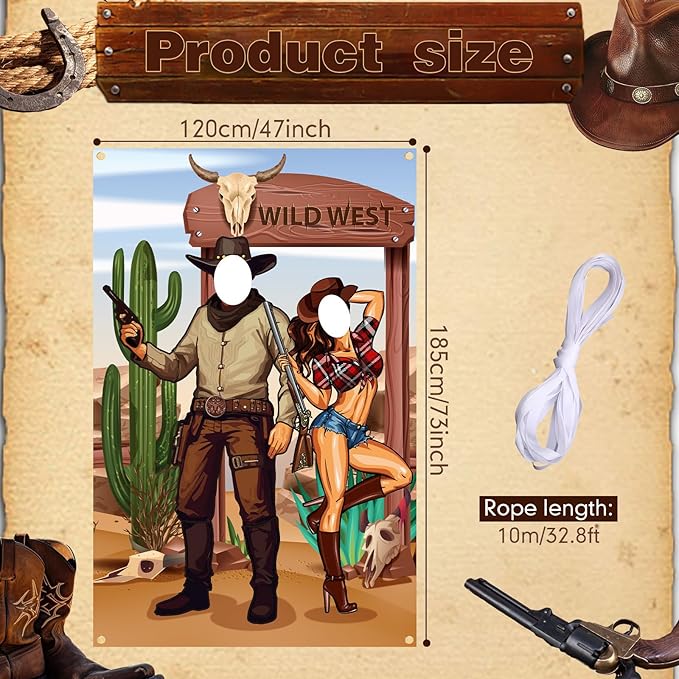 Tudomro 73 x 47 Inch Western Cowboy Backdrop Party Decorations Wild West Large Photo Booth Props Background Door Banner Cowboy Themed Funny Games Supplies for Birthday Party Men
