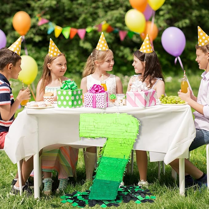 Number Piñata Decorations 16 Inch Gradient Green Piñata with Blindfold Stick and Confetti for Birthday Baby Shower Safari Jungle Themed Party Supplies Centerpiece(Number 7)