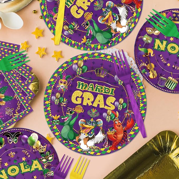 96Pcs Carnival Nola Paper Plates Napkins Forks Carnival Theme Party Decorations Tableware Set Mask Fat Tuesday Party Supplies Serve 24 Guests