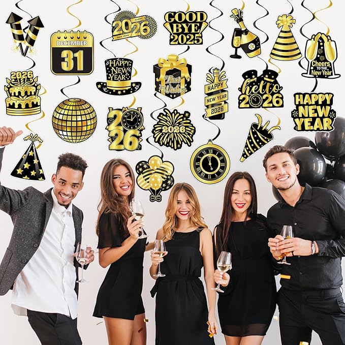 40Pcs Happy New Year Decorations Hanging Swirls, Black and Gold Happy New Year Hanging Swirls Ceiling Decor for New Year's Eve Party Decorations Supplies 2026