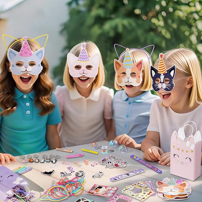 Vanblue 146Pcs Cat Party Favors Themed Birthday Party Decorations for Kids, Cat Party Supplies Goodie Bag Stuffers Fillers,Pet Headband Gifts Bags