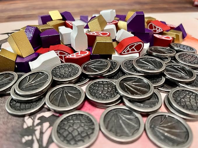 Stonemaier Games: Wyrmspan Resource and Coin Upgrade Pack | Metal Coins and Wooden Resources | 45 Double-Sided Metal Dragon Coins and 104 Wooden Resources (Meat, Gold, Gem, and Milk) - Add to Wyrmspan