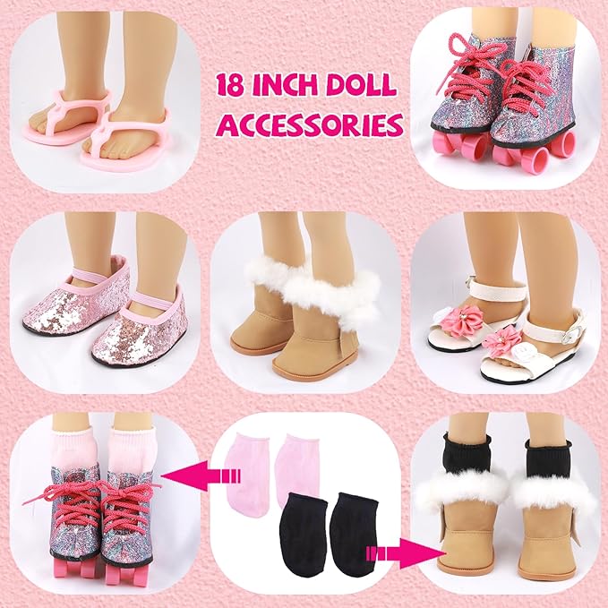 18 inch Doll Accessories, 5 Pairs of Doll Shoes+2 Socks 18” Doll Shoes Includes Snow Boots/Roller Skates/Sandals/Flip-Flops/Dance Shoes/Pink/Black Socks for American Doll Boy or Girl Dolls