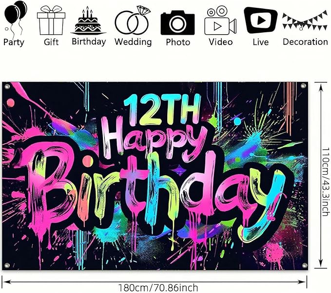 Neon 12th Happy Birthday Banner 71x43 Inch Paint Splatter Glow in The Dark Party Backdrop Colorful Wall Decor for Kids Boys Girls Twelfth Birthday Celebrations Photo Booth Props Event