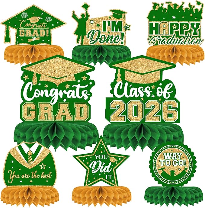 8 Pieces Class of 2026 Graduation Table Decorations - 2026 Congrats Grad Honeycomb Centerpieces, Green and Gold Table Toppers Decor for 2026 Graduation Party Decorations Favor Supplies