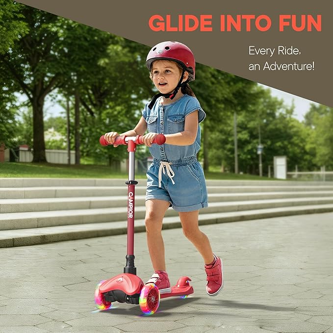 Red Mini 3 Wheel Scooter for Kids – Lean-to-Steer with LED Light-Up Wheels, Adjustable Handlebar, Wide Anti-Slip Deck, Smooth PU Wheels, Rear Foot Brake – Toddler Scooter for Ages 2+