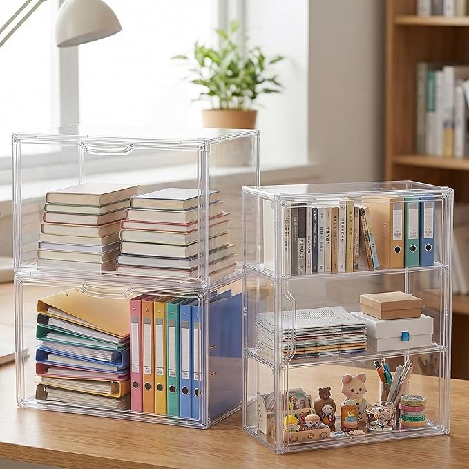 4 Pcs Clear Acrylic Display Case Plastic Stackable Storage Bins 3 Tier Display Shelf Storage Boxes Cabinet Organizer with Magnetic Door for Action Figures,Collectibles(Small)