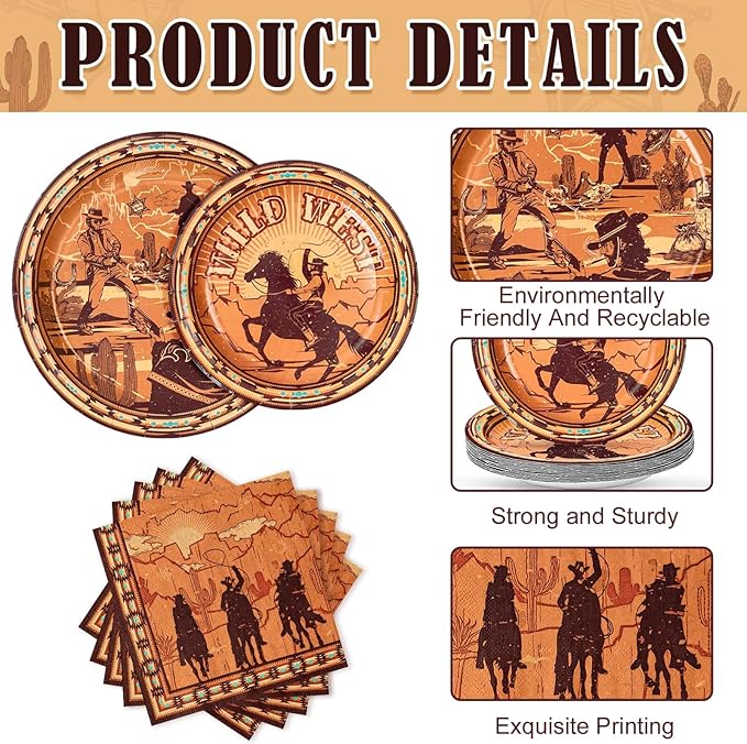 WERNNSAI Western Party Decorations - 48 PCS Cowboy Plates and Napkins First Rodeo Birthday Supplies Wild West Themed Tableware for Kids Boys Birthday Bachelorette Party Decor Serves 16 Guests