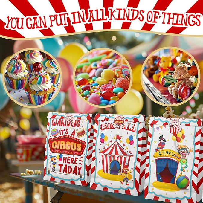 HaPiBiDesign Circus Party Favor Bags - 24 Pcs Carnival Party Candy Bags with Stickers - Carnival Goodie Gift Treat Bags - Watercolor Circus Themed Birthday Party Supplies