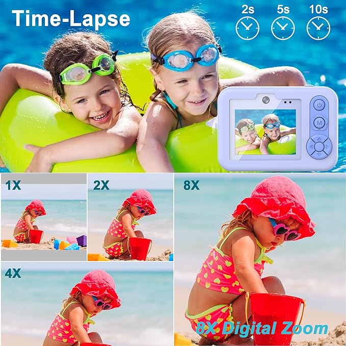 Kids Waterproof Digital Underwater Camera - 48MP HD 1080P Video, Dual Lens Selfie with Stand - Christmas Birthday Festival Gift for Ages Above 3 Girl Boy Child Toddler, Cartoon Cover, Blue