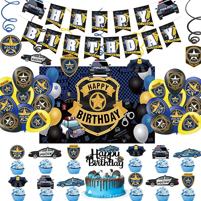 Police Birthday Party Supplies Police Party Decorations Include HAPPY BIRTHDAY Banner Balloons Cake Topper Cupcake Toppers Spirals Background Police Birthday Party Decorations