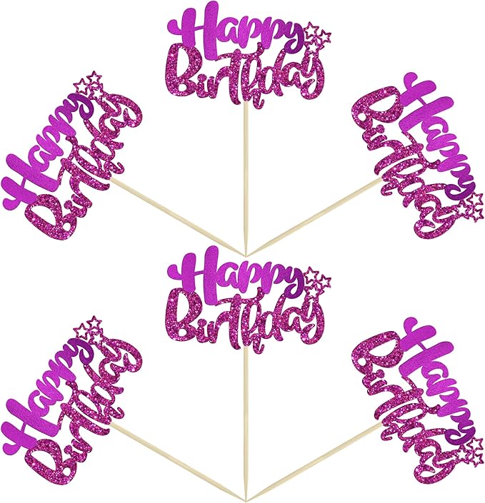 Ephlyn 24Pcs Happy Birthday Cupcake Toppers Double Layer Glitter Happy Birthday Cake Decorations for Celebrating Baby Shower Theme Kids Boys Girls Anniversary Party Decorations Supplies Purple