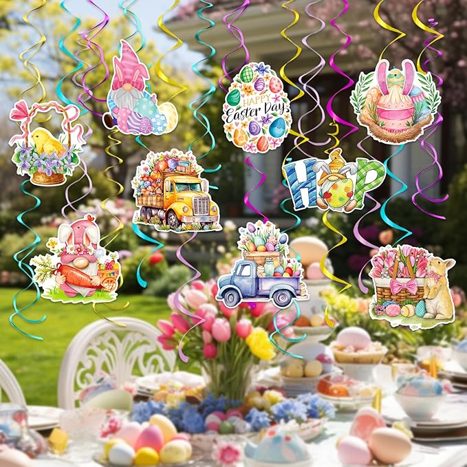 Hanging Easter Decorations Swirls 24pcs, Easter Egg Bunny Ceiling Hanging Party Streamers, Foil Easter Party Decor Supplies for Home Office School, Dangling Spinners Easter Party Ceiling Decor