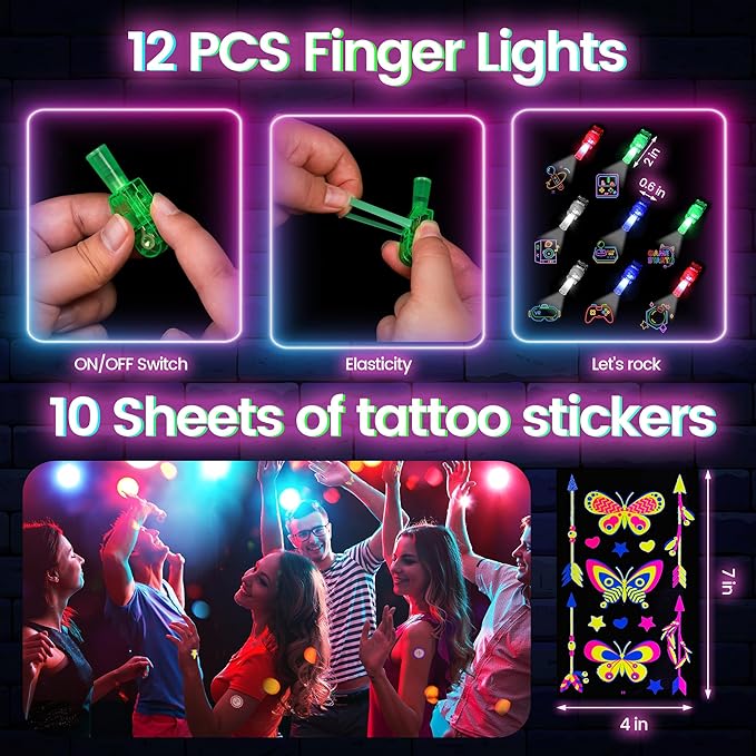 Elcoho 102 Pcs Glow In The Dark Party Supplies LED Light Up Party Favors with Shutter Glasses Garlands Tattoo Stickers Glow Sticks Finger Lights for Birthday Neon Parties Wedding Concert Raves