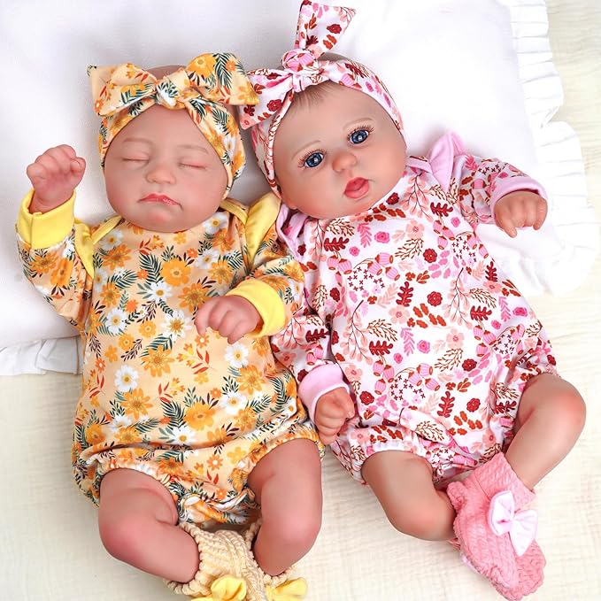 BABESIDE 3 Pcs Reborn Baby Doll Clothes for 17-22 Inch Babydolls, Floral Pattern Babydoll Clothes with Shoes and Headband for Lifelike Reborn Baby Dolls Accessories, Yellow