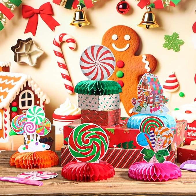 12 Pack Christmas Party Centerpieces for Tables Candy Theme Christmas Table Honeycomb Centerpieces Holiday Party Decorations Table Toppers for Xmas Festive Classroom Office Winter Decor