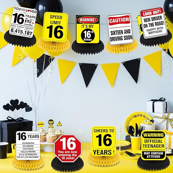 Funny 16th Birthday Decorations 9Pcs 16th Birthday Honeycomb Centerpieces for Sweet 16 Years Old Party Decor, Driver License Party Banner Caution Logos Sign Table Topper for Boys Girls