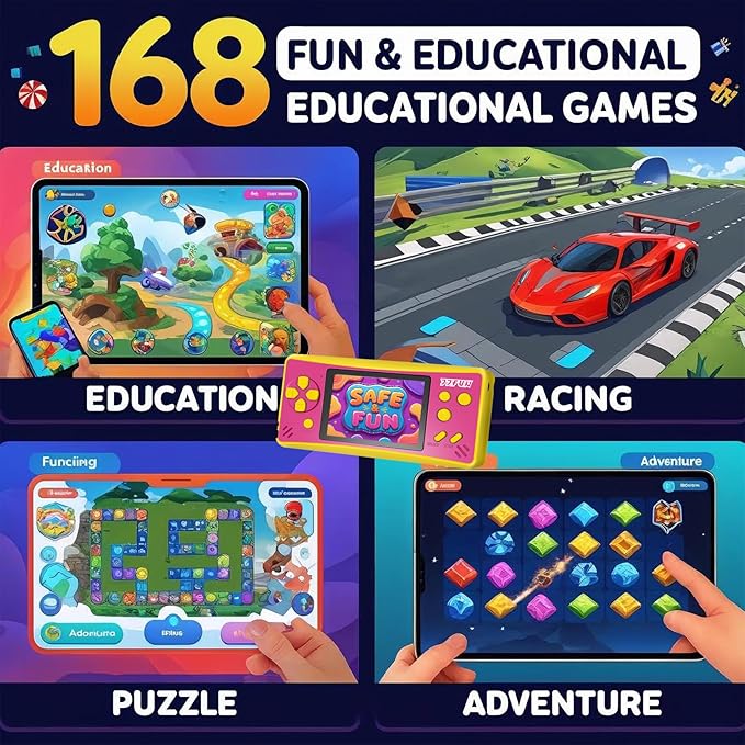 JJFUN Portable Game Console for Kids – 3.2" Screen, 168 Built-in Classic Games, Plug & Play on TV, Rechargeable, Ideal Gift for Boys & Girls, Great for Travel, Holidays & Birthdays