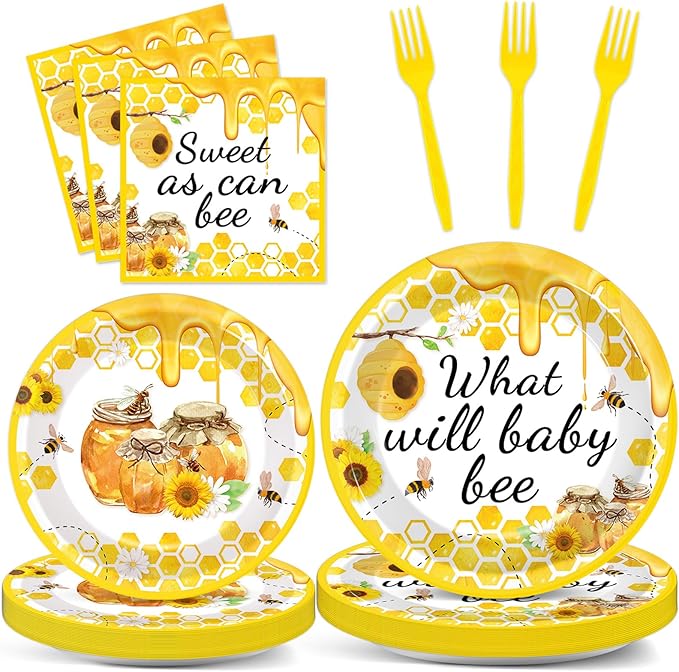 gisgfim 96Pcs Bee Party Supplies Bee Baby Shower Paper Plates and Napkins What Will Baby Bee Gender Reveal Party Dinnerware Set Honey Bumble Birthday Party Tableware Decorations Favors Serve 24