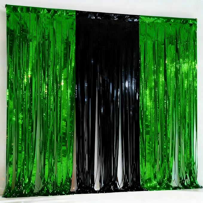 3 Packs Green Black Foil Fringe Curtains Green Birthday Decorations Streamer 9.9ft Wide for Wedding Party Backdrop Bridal Shower Tinsel,Birthday Party Door Cover Each 3.3 x 6.5 ft