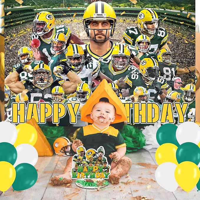 Packers of Green Party Supplies,Football Rugby Party Decorations Includes Backdrop, Cake Toppers, Balloon for Soccer Party Decorations