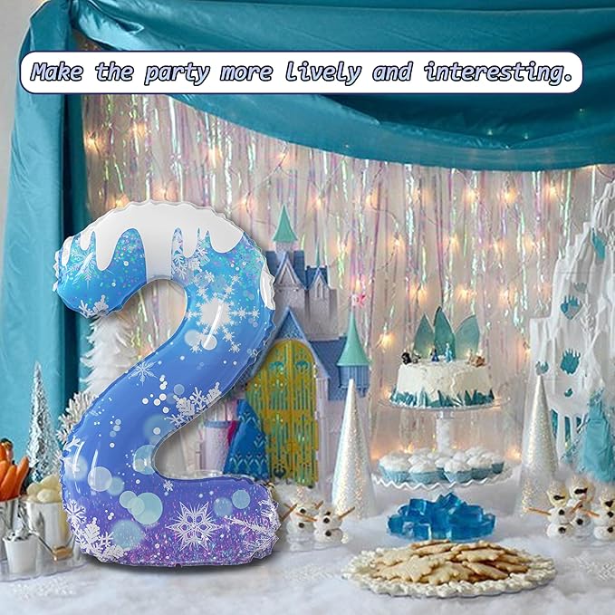40 Inch Frozen Balloon Number 2 Birthday Balloons Decorations for Girls Birthday Snowflake Themed Party Supplies Winter Party Decorations (Blue Snowflake, number 2)