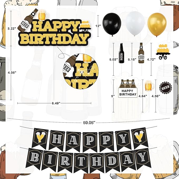 Beer Birthday Party Decorations, Cheers and Beers Happy Birthday Party Banner Balloons Decorations Aged to Perfection Party Supplies for Men 30th 40th 50th Beer Birthdays Party Decorations