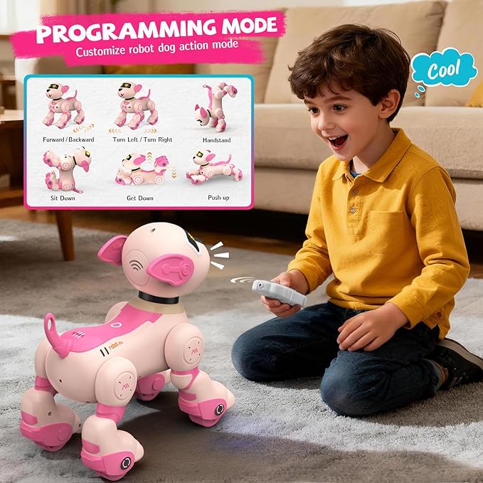 PRANITE Robot Dog Toy for Kids, RC Smart Programmable Robotic Puppy Interactive Touch Music Remote Control Follow Mode Fun STEM Educational Learning Toy Rechargeable Pink AI