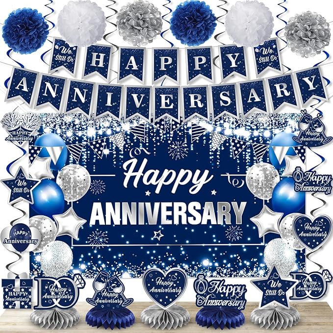 Happy Anniversary Decorations Kit Blue Silver Happy Anniversary Banner Honeycomb Centerpieces Hanging Swirls Tissue Paper Pompoms Set for Men Women Couple Wedding Anniversary Party Supplies Decor