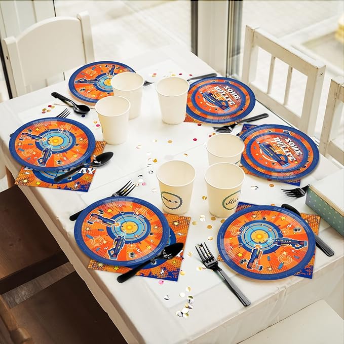 96 Pcs Dart War Plates and Napkins Party Supplies Dart War Themed Birthday Tableware Set Blue and Orange Party Decorations Favors for Kids Boys' Birthday Baby Shower Serves 24