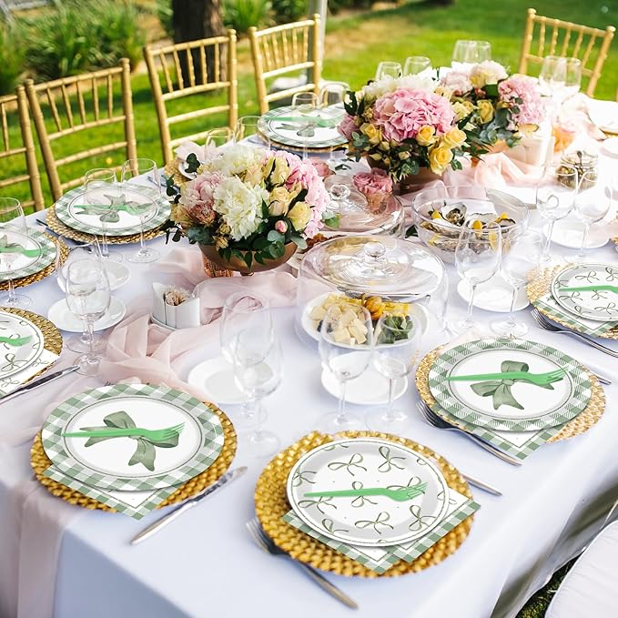96Pcs Green Plaid Bow Spring Plates and Napkins Coquette Party Decorations Bow Theme Dessert Paper Plates Napkins Birthday Tableware Set for 24 Guests Girls Baby Shower Picnic BBQ Party Suppliess
