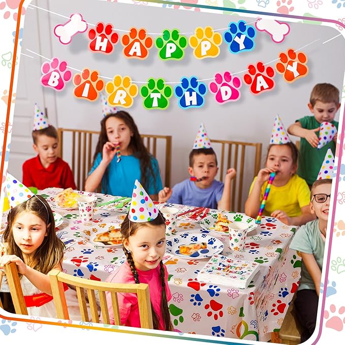 Gejoy 96pcs Dog Birthday Party Decorations Set Include Dog Print Plates Knives Forks Spoons Napkins Puppy Paw Tableware for Puppy Theme Party Supplies Kit(Bright Color)