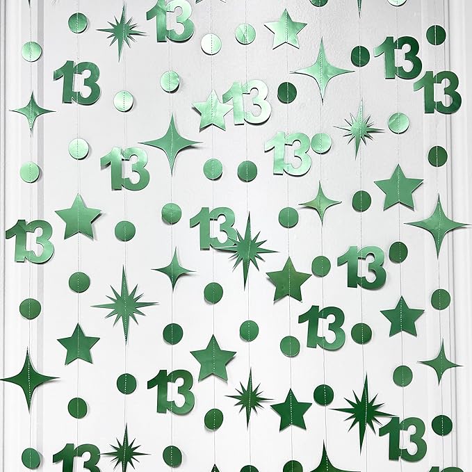 Sage Green 13th Birthday Decorations Number 13 Circle Dot Twinkle Star Garland Metallic Hanging Streamer Banner Backdrop Girls Boys 13 Years Old Birthday Thirteen Official Teenager Party Supplies