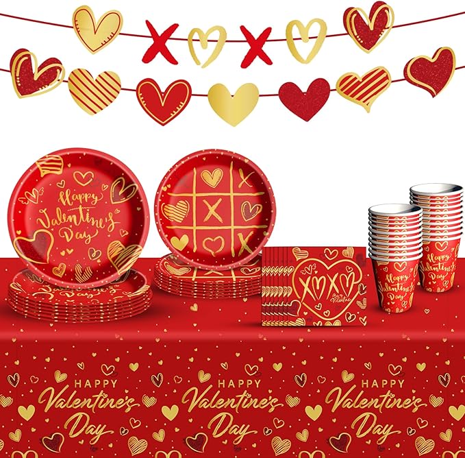 Valentine's Day Party Supplies Tableware Set Red Heart Love Paper Plates Napkins Cups Tablecloth Banner for Valentine's Day Party Decorations, Serves 24