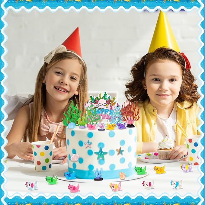 42 Pcs Axolotl Cake Topper Accessories Include 1 Happy Birthday Cake Topper 8 Artificial Seagrass 33 Axolotl Miniature Figures Ocean Decorations for Baby Shower Birthday Party Supplies