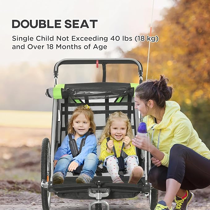 Aosom 2-in-1 Walk/Ride Child Baby Bike Trailer for Kids 2 Seater, High-Visibility Bike Stroller for Toddler Wagon, Weather-Strong Double Bicycle Trailer Accessory for Kids