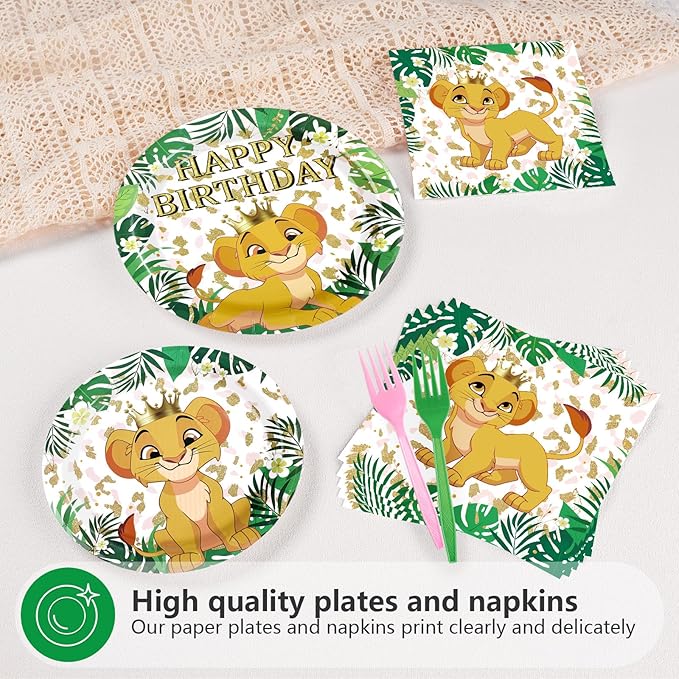 96Pcs Lion Baby Shower Party Decorations Jungle Safari Lion Plates and Napkins Tableware Sets Zoo Animal Party Decorations Favors for Boys Kids Wild One Birthday Supplies Serves 24