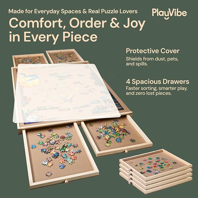 PlayVibe 1000 Piece Puzzle Board with Drawers and Cover - Portable Wooden Jigsaw Puzzle Tray with Drawers, Solve Station & Sturdy Table, Portable Outdoor Fun, Patio, Easter Gift Idea