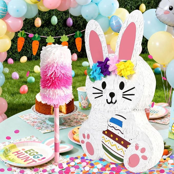 25" Large Easter Decorations Bunny Pinata for Kids Birthday Party - Cute White Rabbit Party Supplies with Matching Stick, Blindfold & Confetti - Sturdy Spring Theme Decor for Easter & Baby Shower