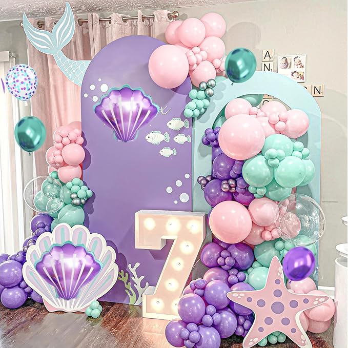 Mermaid 3rd Birthday Decorations for Girls,3rd Party Decorations Metallic Purple Green Pink Blue Latex Balloons Number 3 Seashell Foil Balloons Banner Cake Topper Sea Party Decor