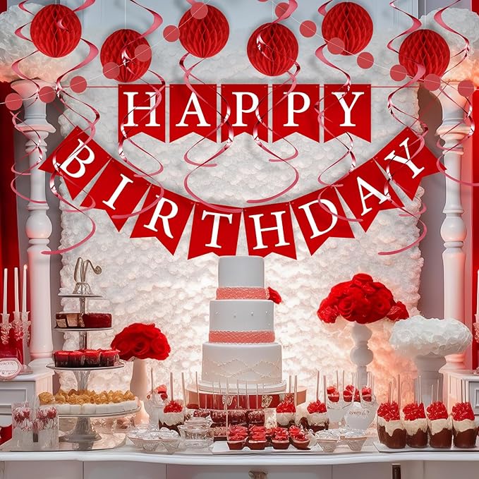Red Birthday Decorations Kit - 16-Piece Set with Pre-Strung Happy Birthday Banner, Honeycomb Balls, Garland & Swirls | Red Theme Party Supplies for Women Girls Kids, Teens Adults