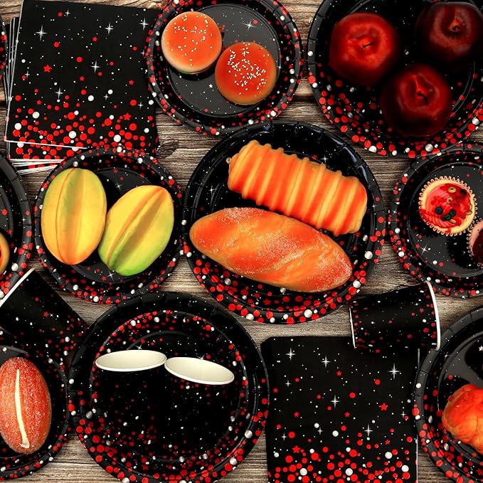 KEFAN Red Black Birthday Party Decorations, Red Black Theme Party Tableware Supplies including Plates, Cups, Napkins, Tablecloth (40)