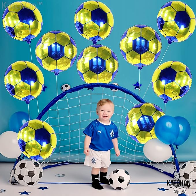 KatchOn, Yellow and Blue Soccer Balloons - 18 Inch, Pack of 10 | Soccer Birthday Party Decorations for Football Party Decoration, Sports Themed Party Decorations | Blue and Yellow Balloons