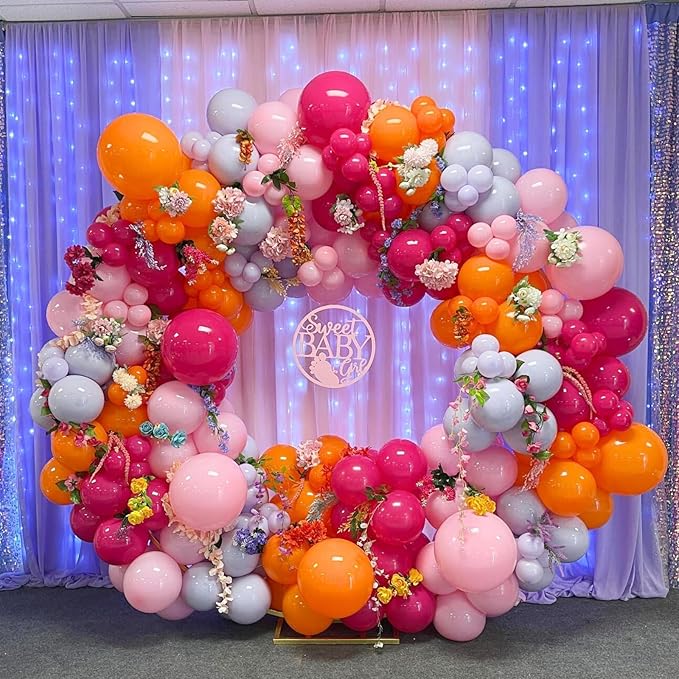 Pink Orange Party Decorations,Hot Pink Gold Birthday Decorations Happy Birthday Banner Cake Topper Star Heart Foil Balloon for Girls Women Kids Party Decor