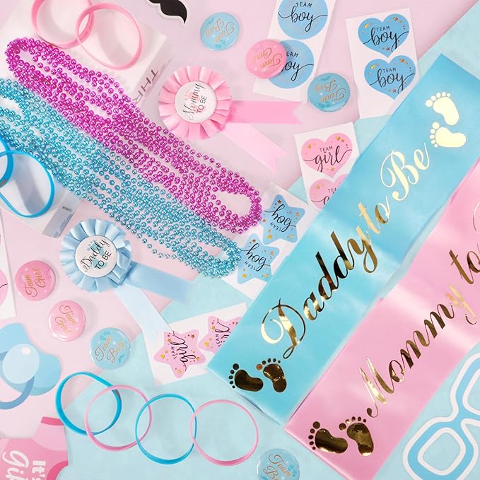 Bluegogo 202 Pcs Baby Gender Reveal Party Supplies Favors Boy or Girl, Gender Reveal Ideas Gender Reveal Games Supplies, Baby Gender Reveal Bracelets, Team Boy Girl Button Pins