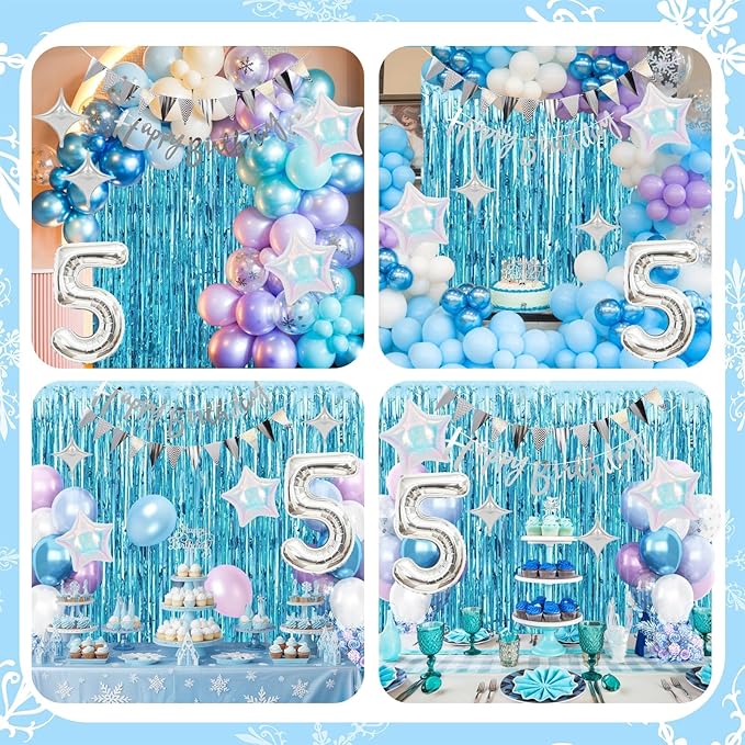 5th Snow Birthday Decorations for Girl, Blue Purple Balloons with Happy Birthday Banner Curtain Silver Number 5 Balloon Iridescent Star Foil Balloons for Girls Baby Shower Birthday Party Supplies