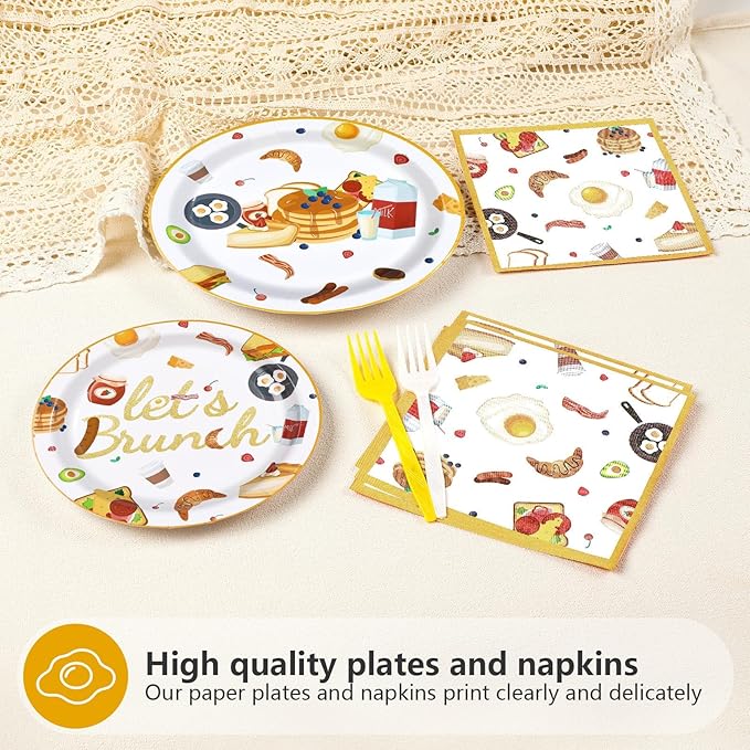 96Pcs Let's Brunch Party Supplies Breakfast Food Theme Plates and Napkins Brunch Tableware Set for Birthday Baby Shower Bachelorette Bridal Shower Party Supplies，Serves 24
